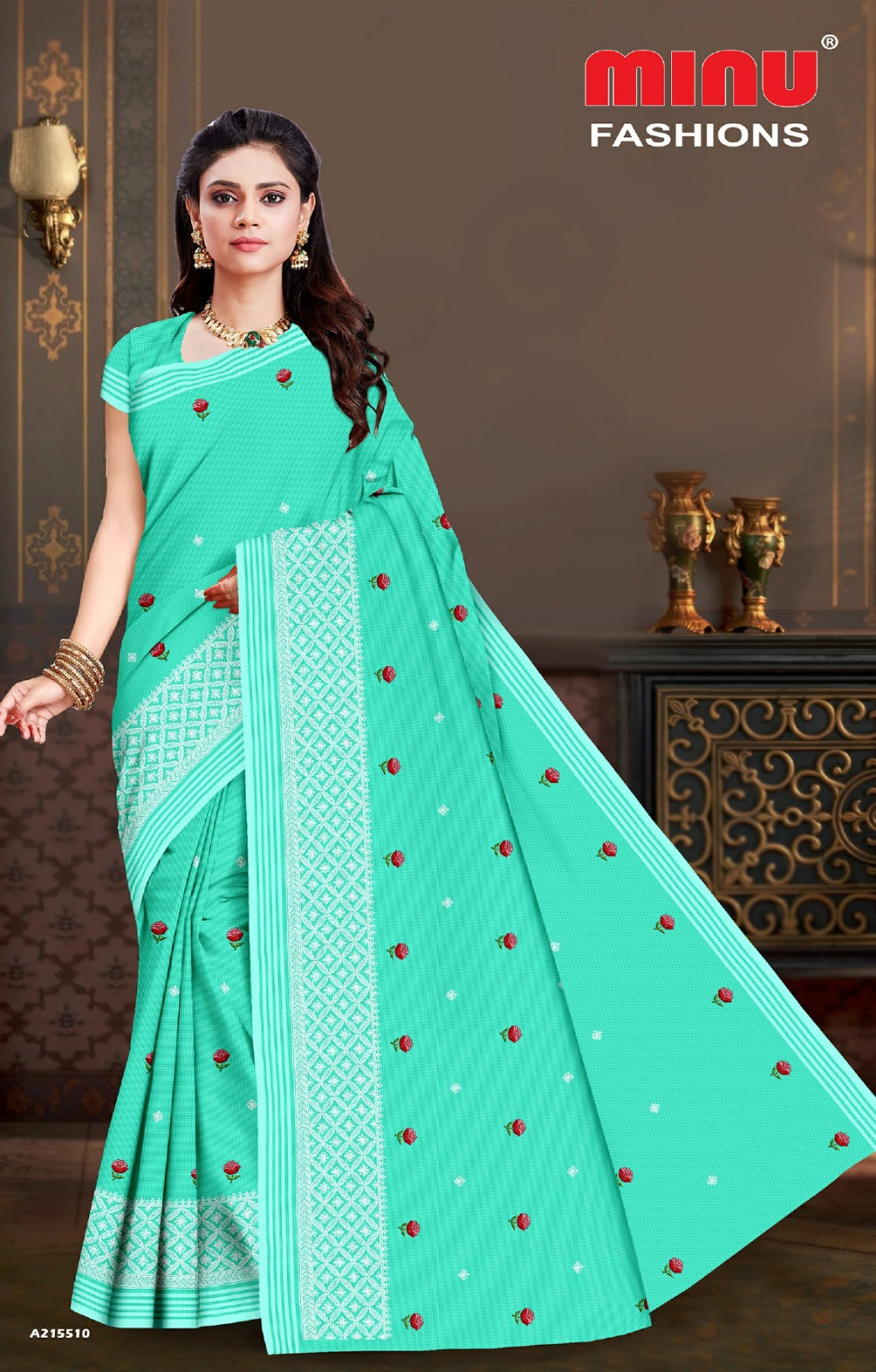 Embroidered Cotton Saree Minu Fashion (Special Rate) - 8 Pcs Set
