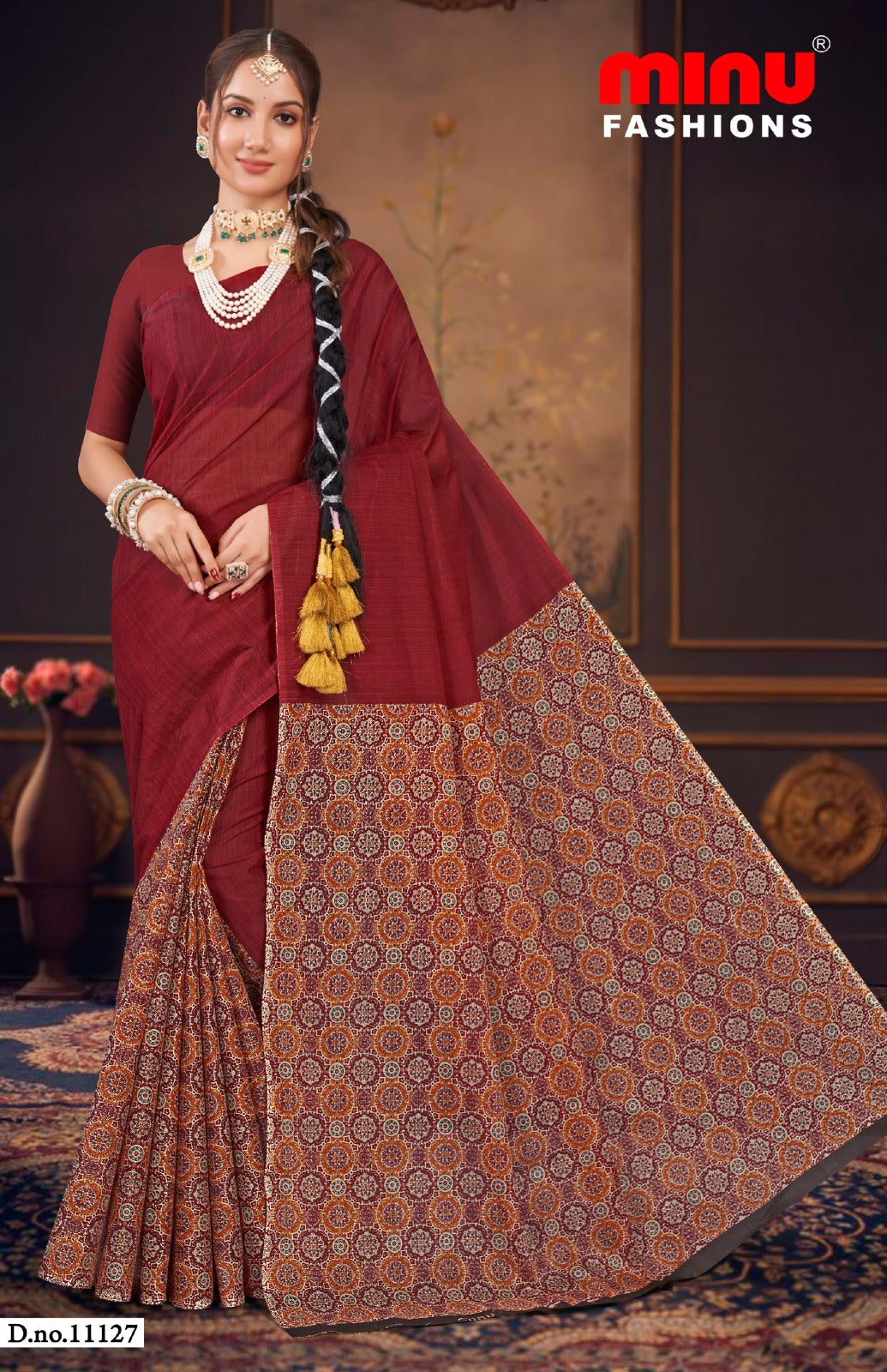 Malai Cotton Saree Raasa Ajrakh - 8 Pcs Set