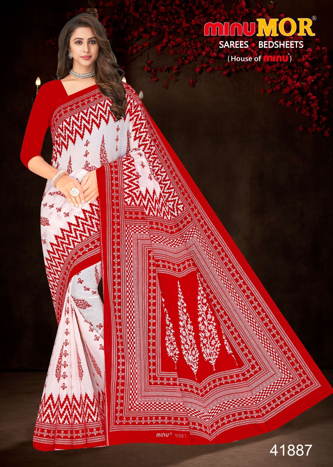 Fancy Saree Red & White Beauty - 8 Pcs Set
