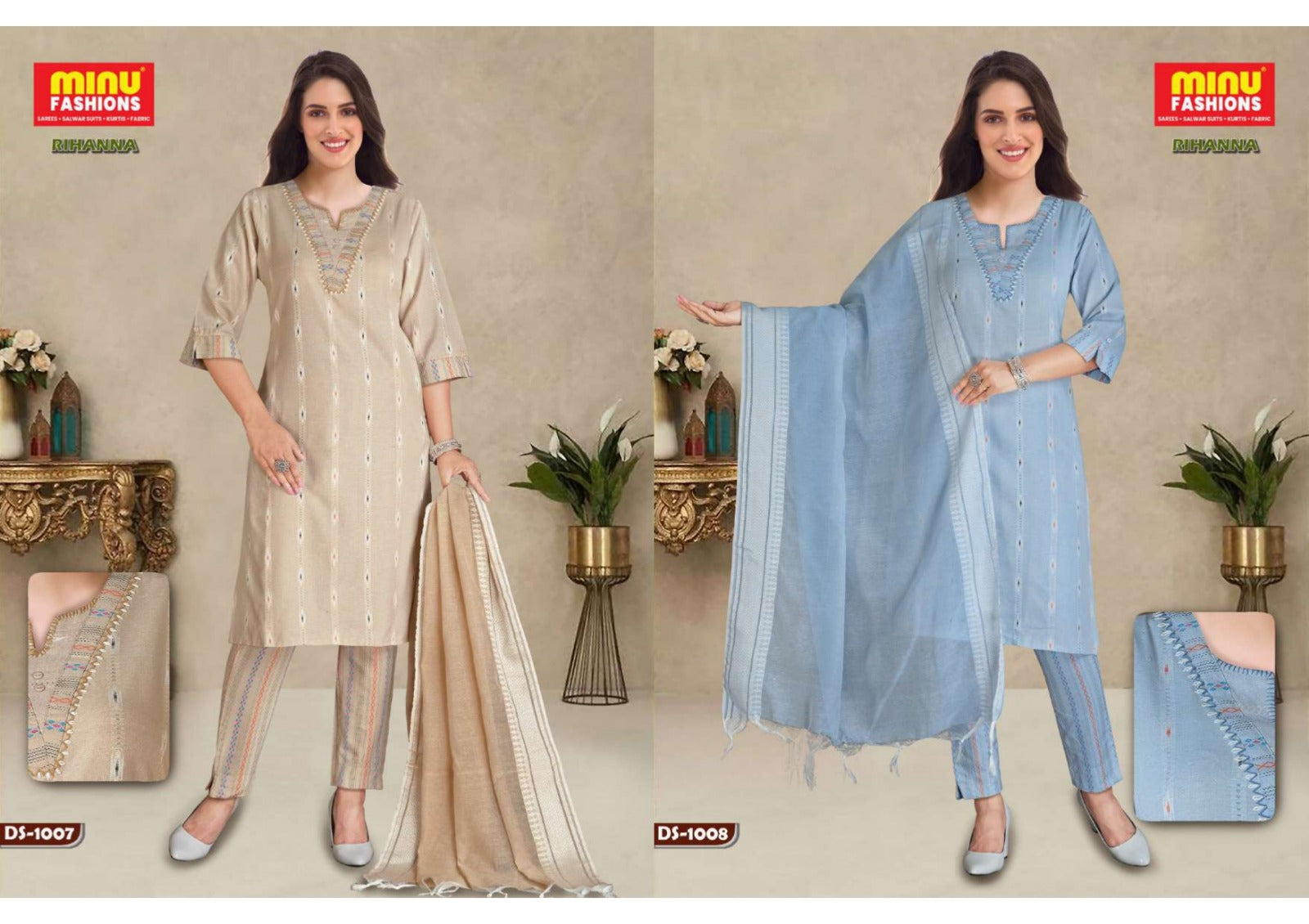 3 Piece Cotton Long Kurti Set Rihanna - 8 Pcs Set