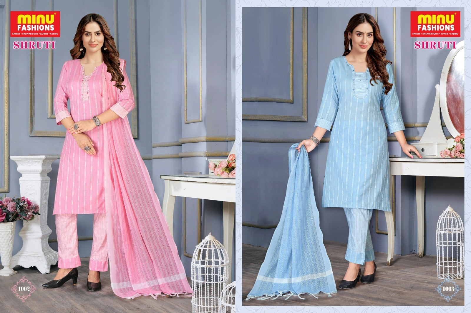 3 Piece Cotton Long Kurti Set Shruti - 8 Pcs Set