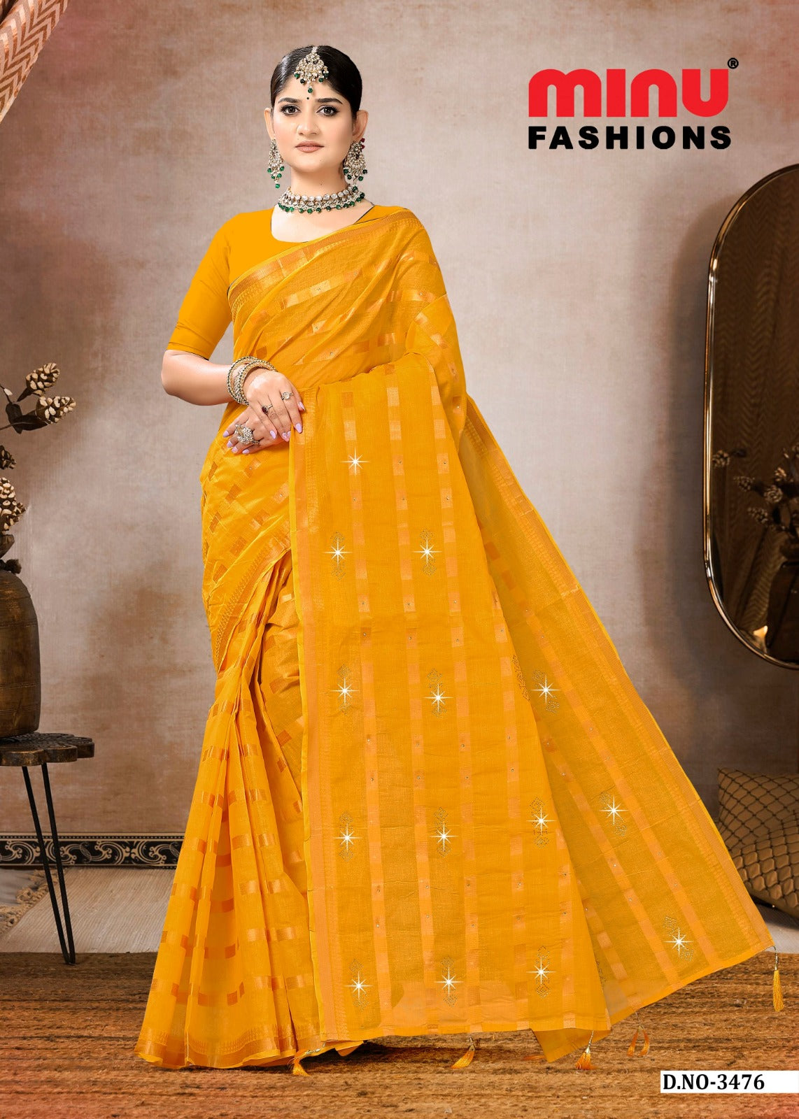 Embroidered Cotton Saree Smart Siroski (Special Rate) - 8 Pcs Set