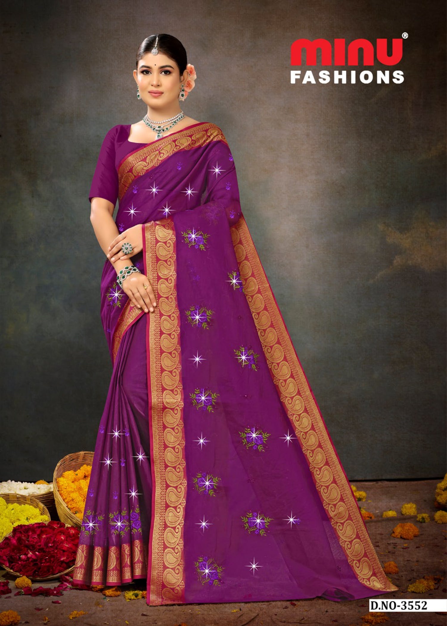 Embroidered Cotton Saree Sawan Mala (Special Rate) - 06 Pcs Set