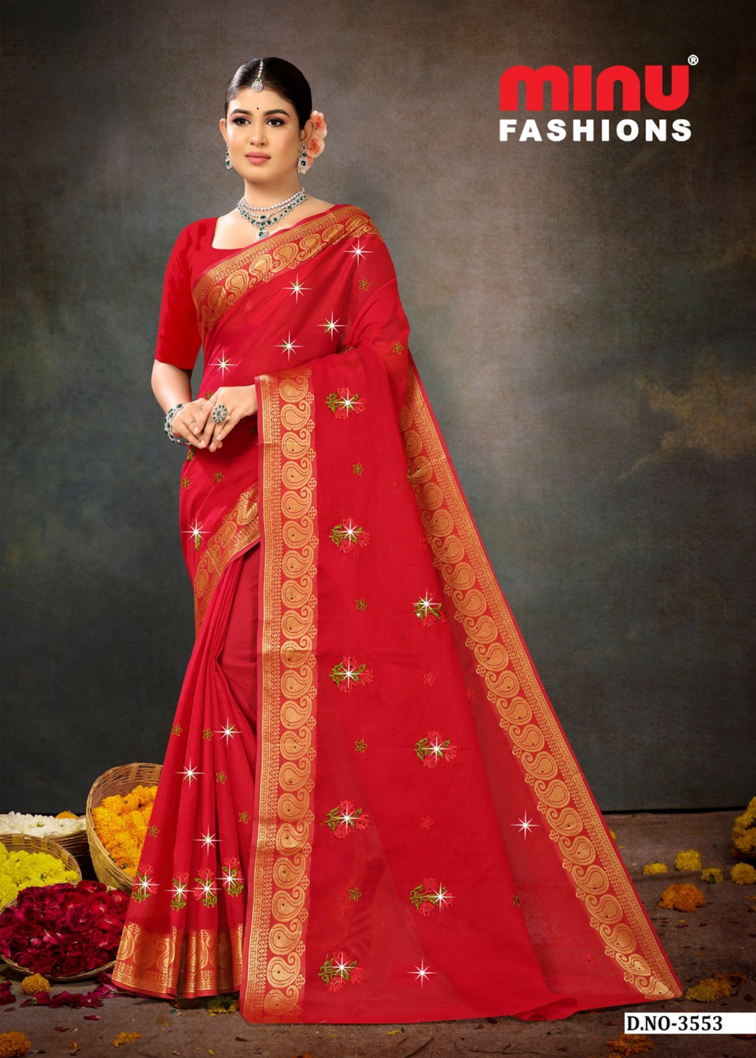 Embroidered Cotton Saree Sawan Mala (Special Rate) - 06 Pcs Set