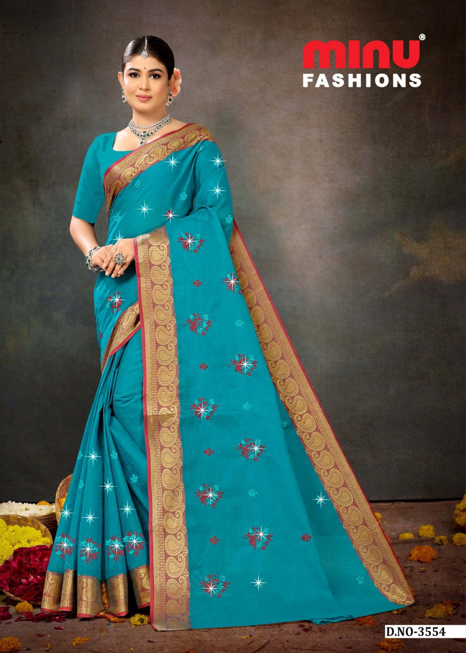 Embroidered Cotton Saree Sawan Mala (Special Rate) - 06 Pcs Set