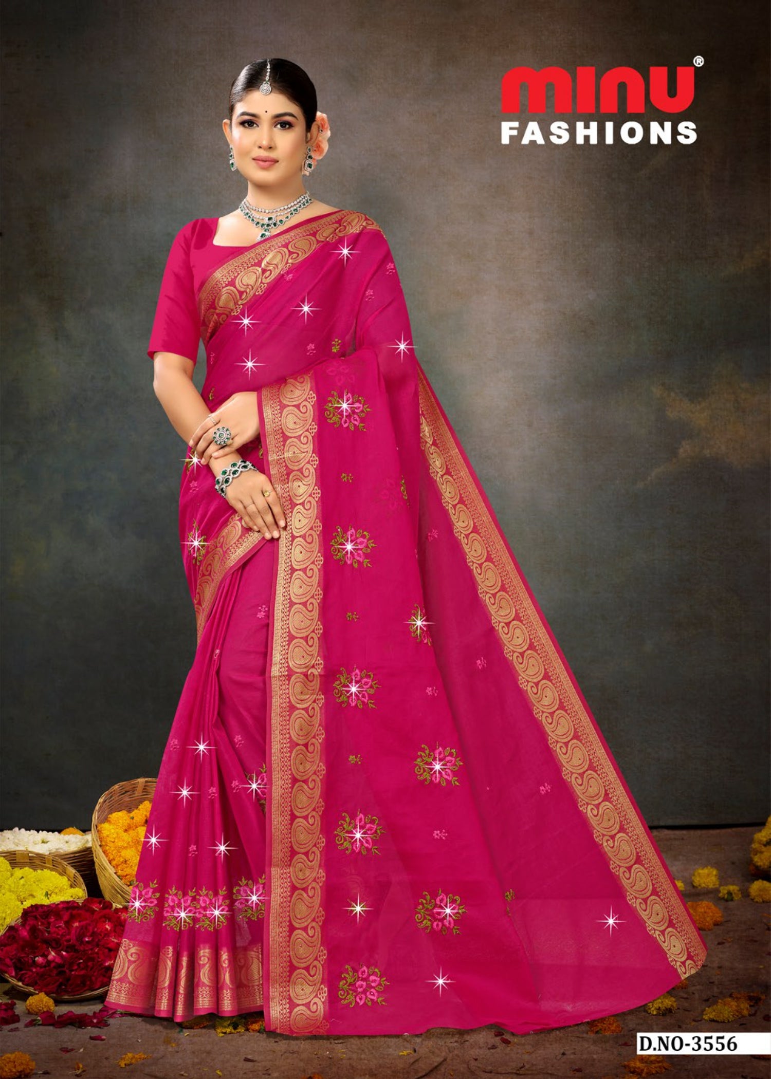 Embroidered Cotton Saree Sawan Mala (Special Rate) - 06 Pcs Set