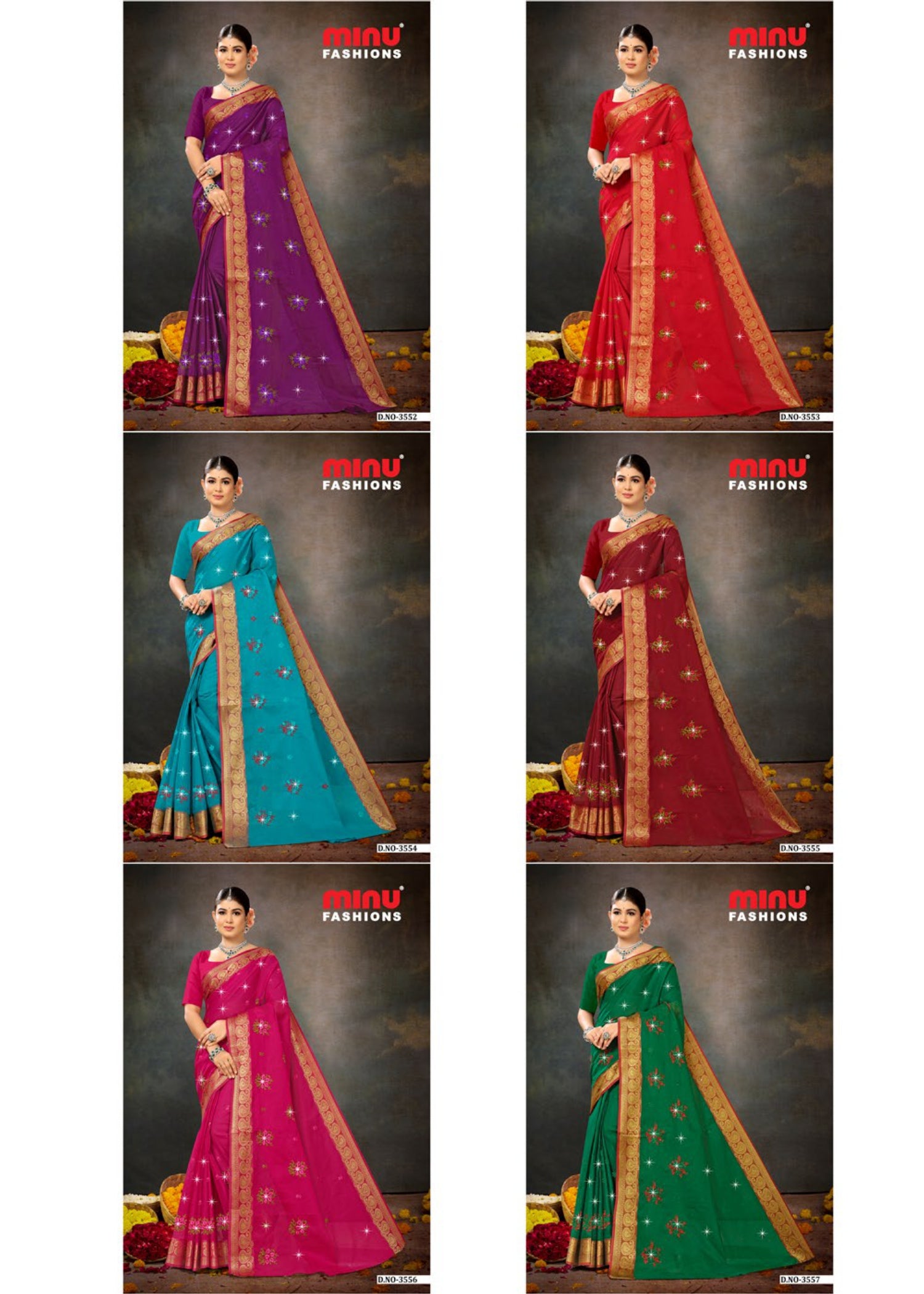 Embroidered Cotton Saree Sawan Mala (Special Rate) - 06 Pcs Set
