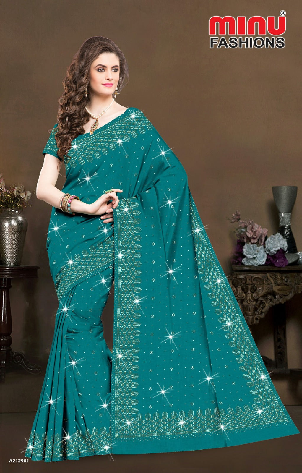 Embroidered Cotton Saree Crystal Saroski (Special Rate) - 8 Pcs Set