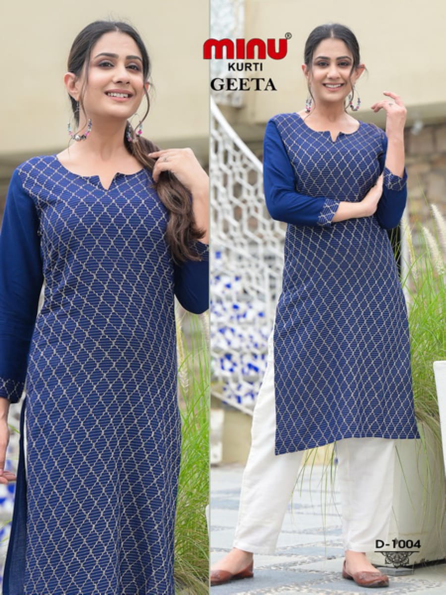 Embroidery Rayon Long Kurti Geeta - 4 Pcs Set