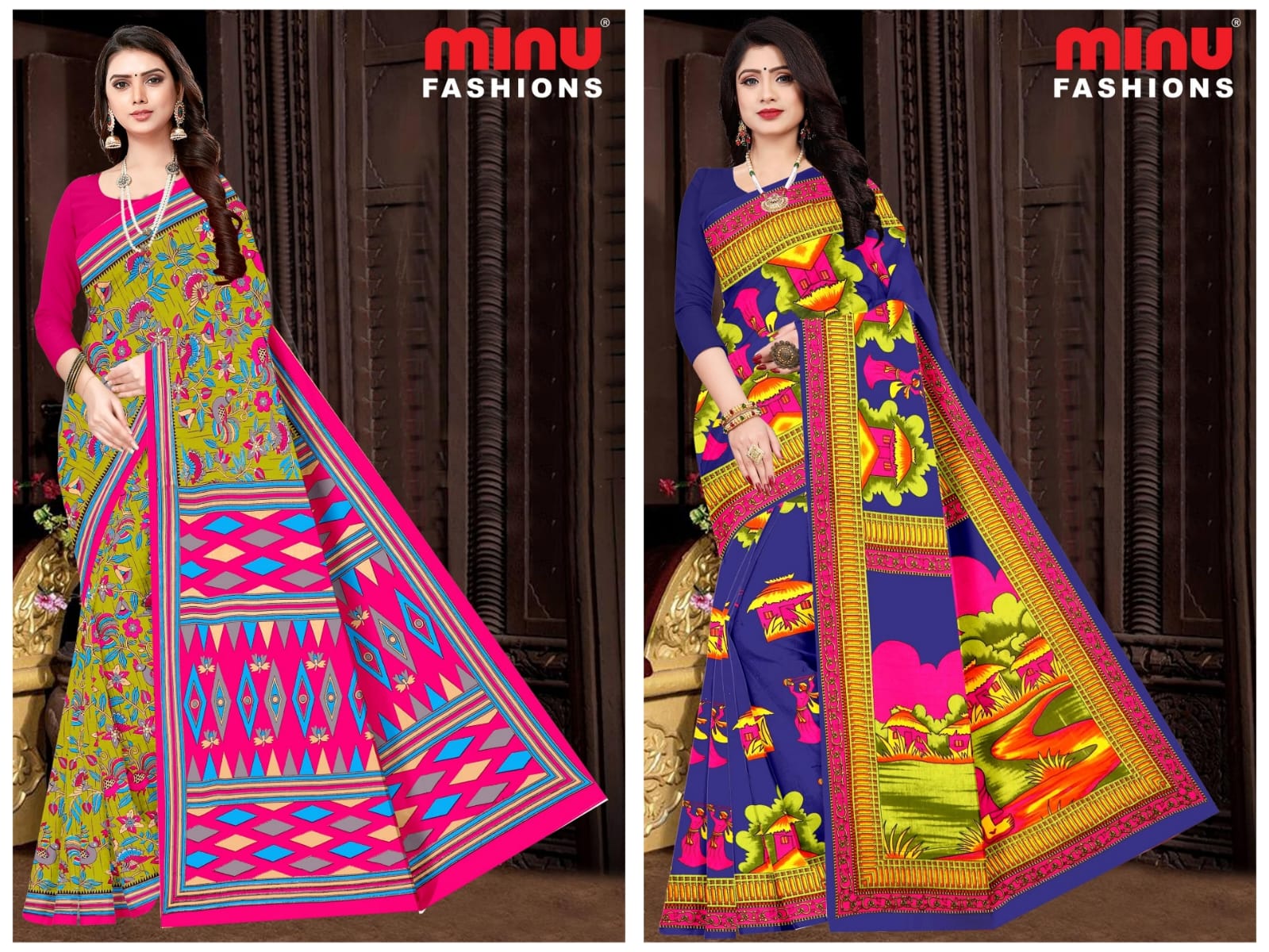 Printed Cotton Saree Heven Beauty Block - 10 Pcs Set