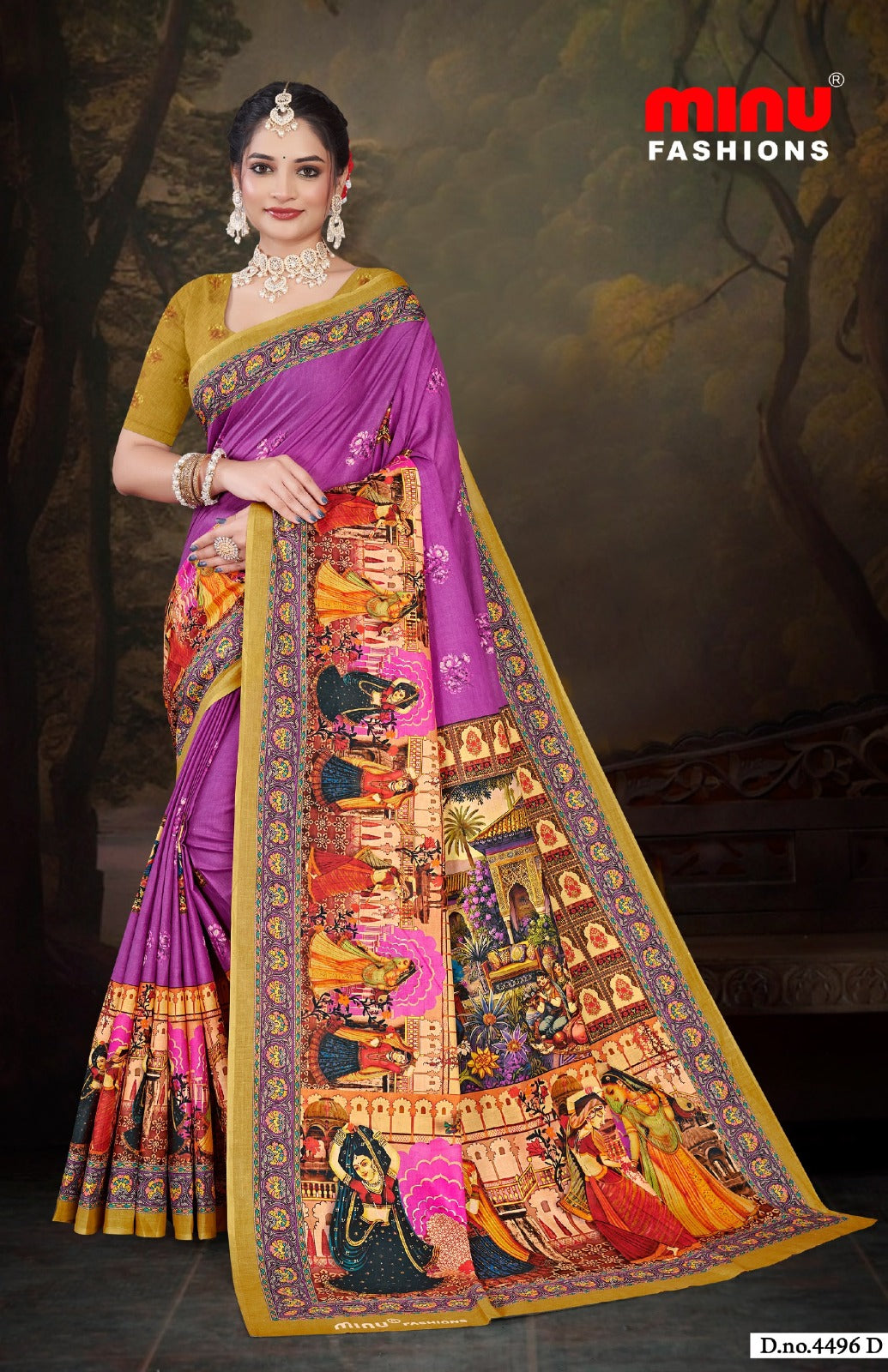 Printed Cotton Saree Jeevan Sathi Madhubani - 8 Pcs Set