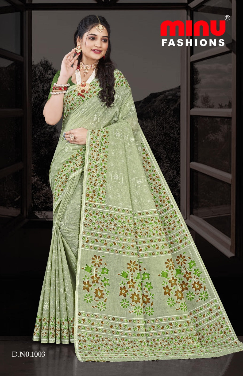 Printed Cotton Saree Pestal Beauty - 8 Pcs Set