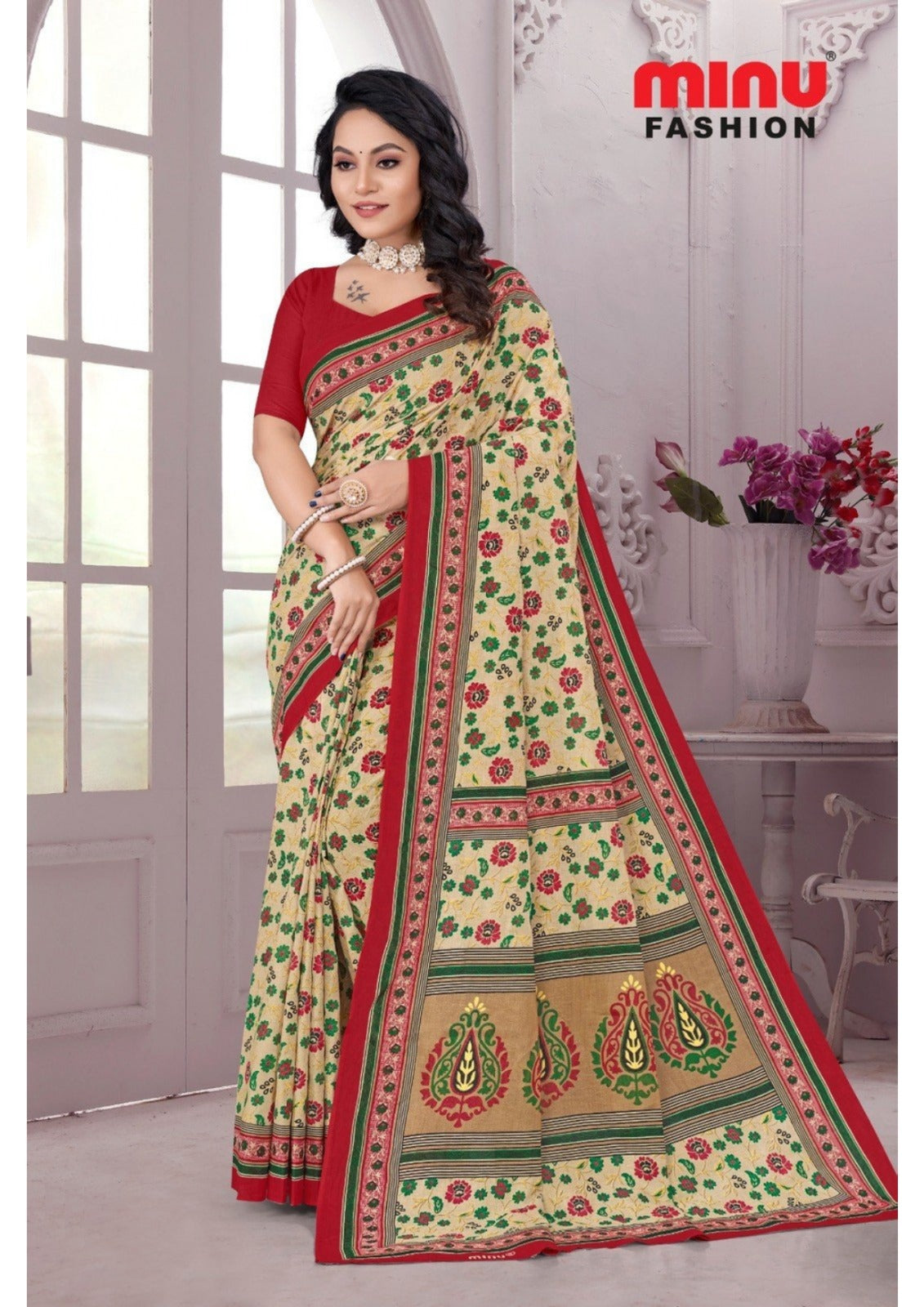 Printed Cotton Saree Priyatama Mithila - 8 Pcs Set