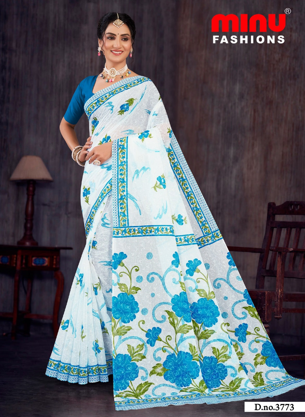 Printed Cotton Saree White Rose - 8 Pcs Set