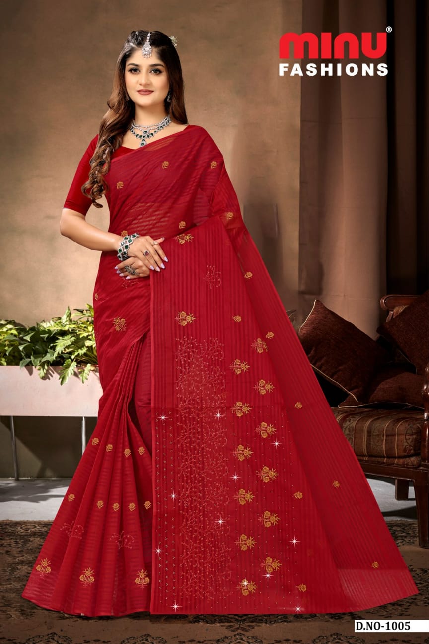 Embroidered Cotton Saree Devansha (Special Rate) - 8 Pcs Set