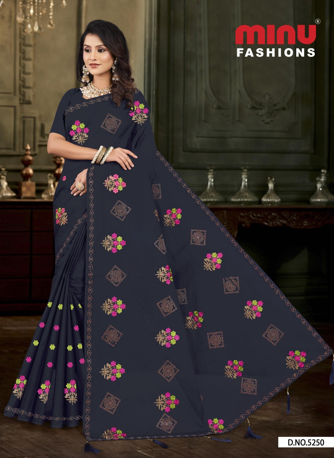 Embroidered Cotton Saree Diamond Rose (Special Rate) - 8 Pcs Set