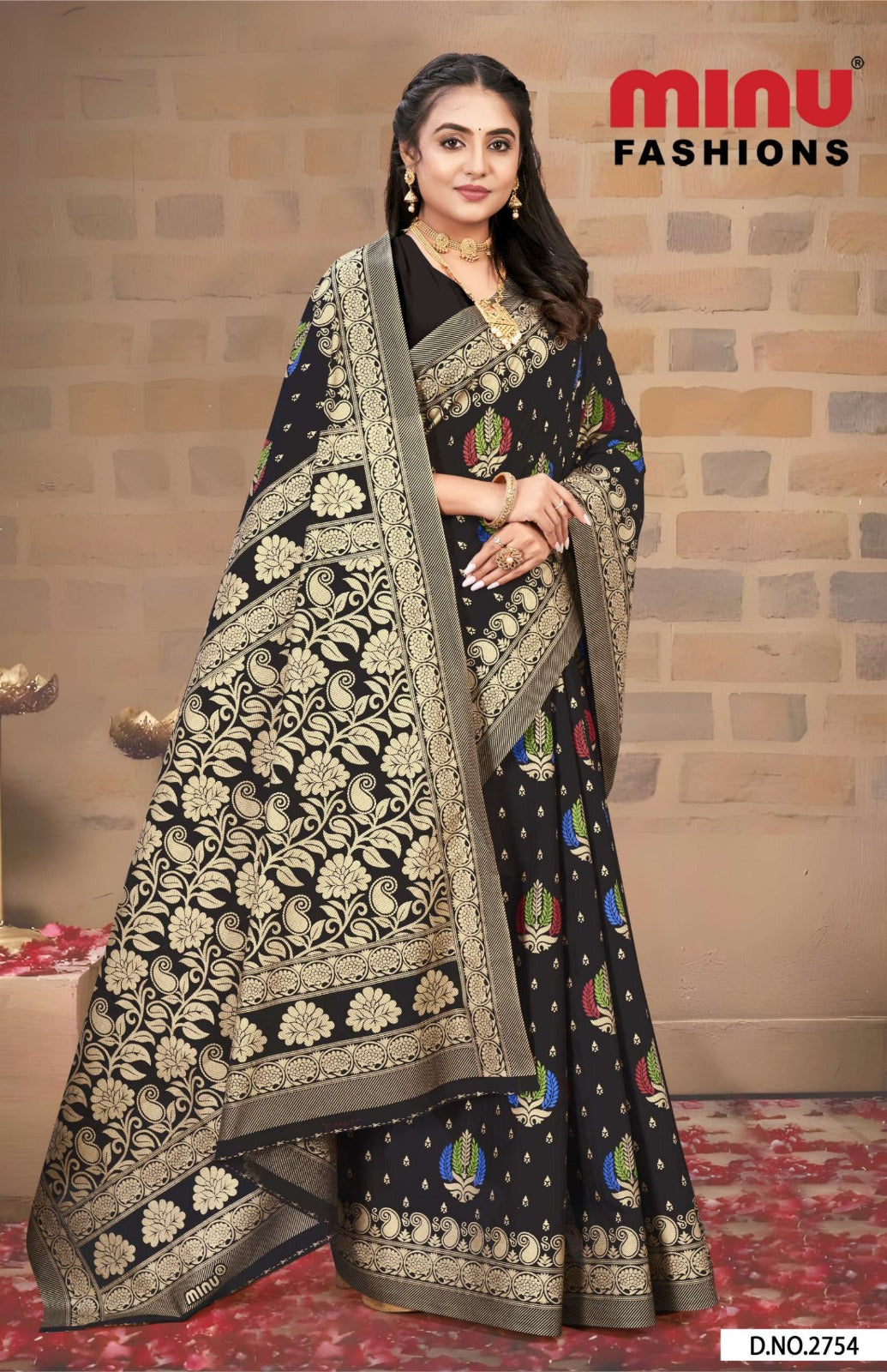 Malai Cotton Saree Gold Star Black - 8 Pcs Set