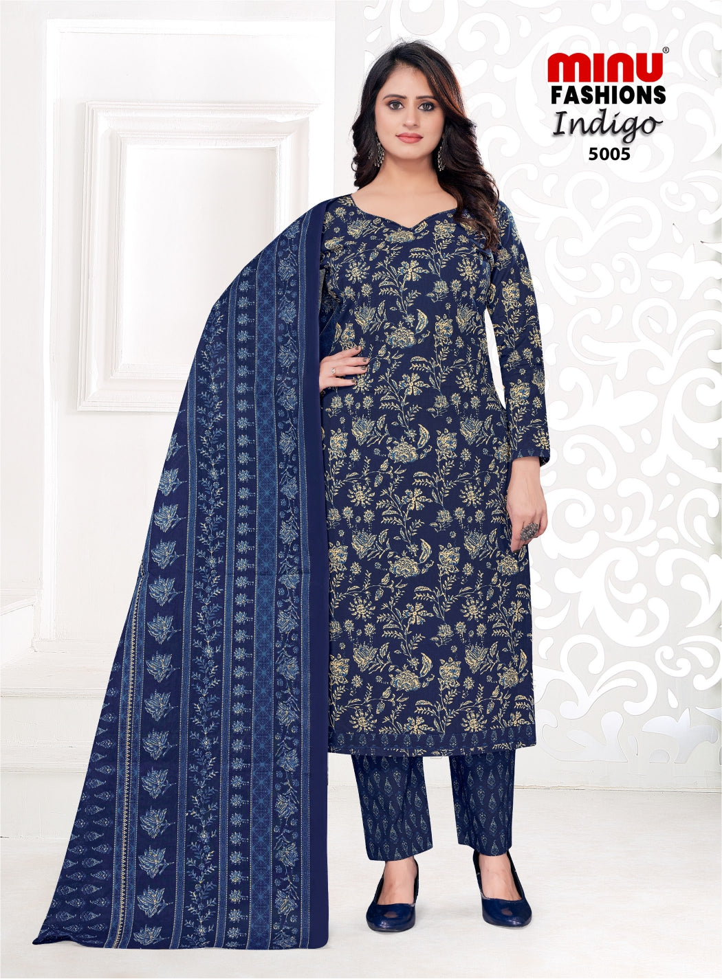Printed Cotton Unstitched Salwar Suit Indigo Vol-5 (Special Rate) - 8 Pcs Set