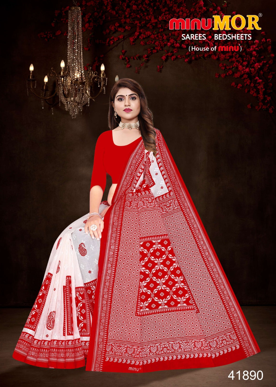Fancy Saree Red & White Beauty - 8 Pcs Set