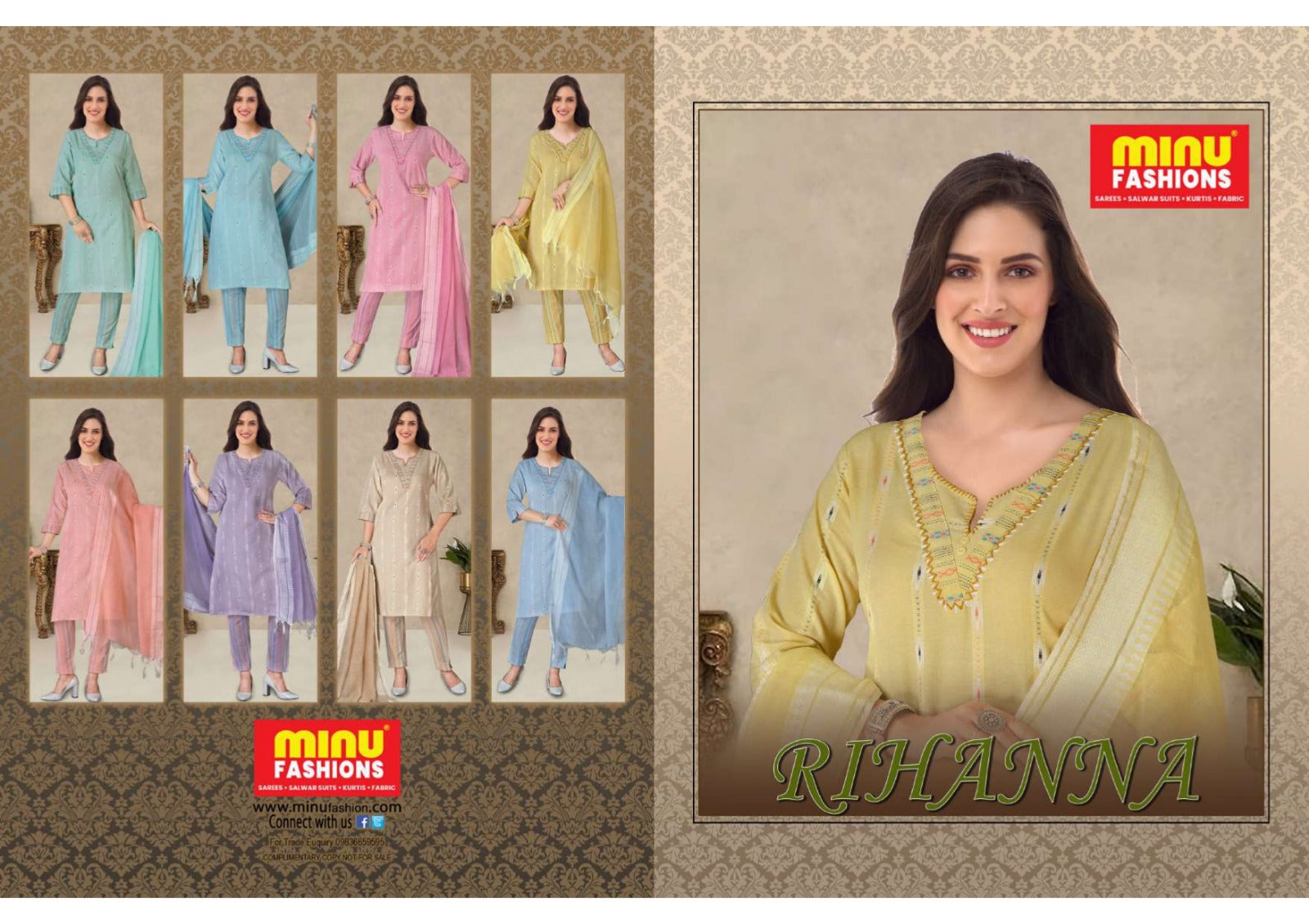 3 Piece Cotton Long Kurti Set Rihanna - 8 Pcs Set