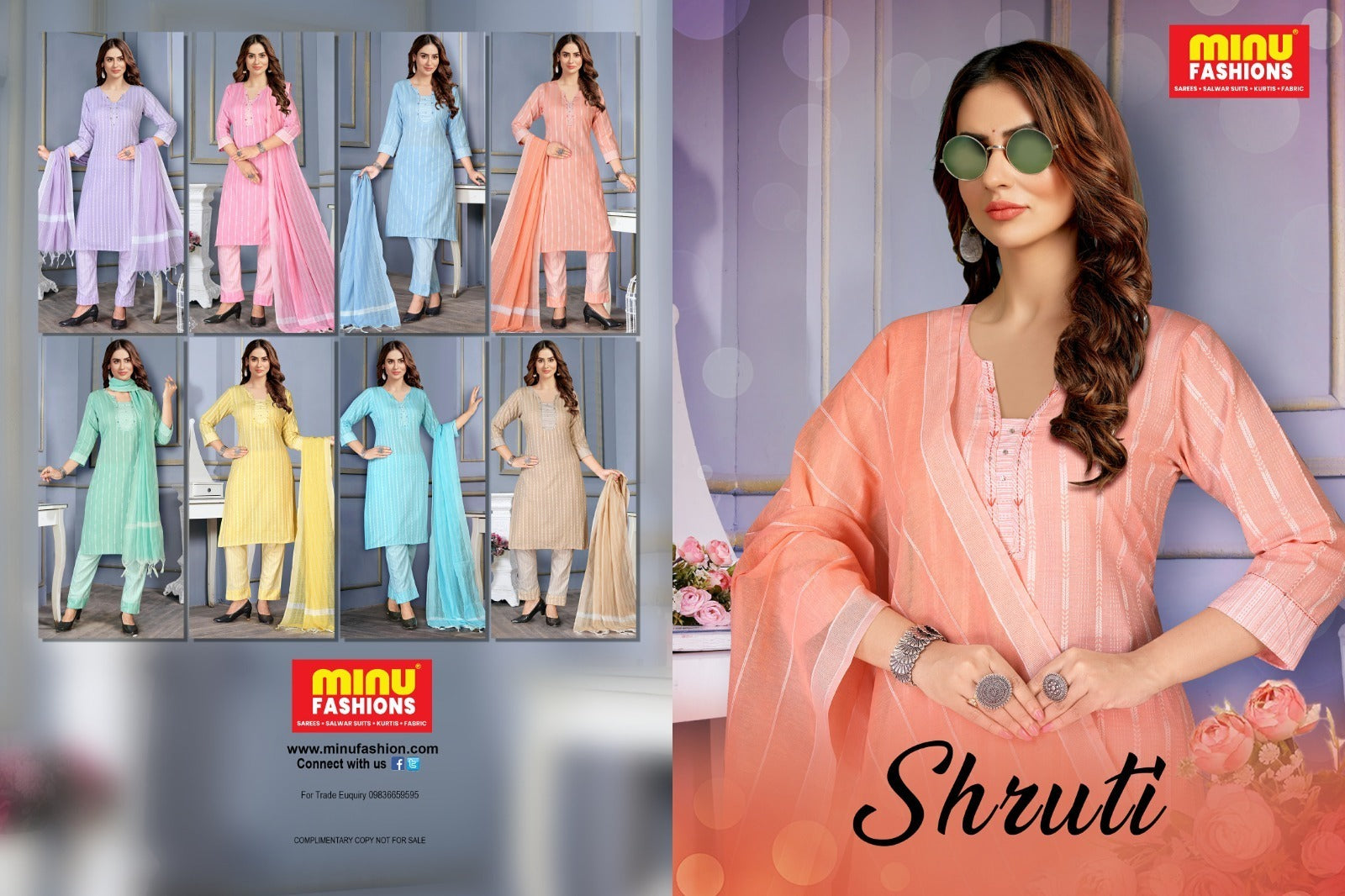 3 Piece Cotton Long Kurti Set Shruti - 8 Pcs Set