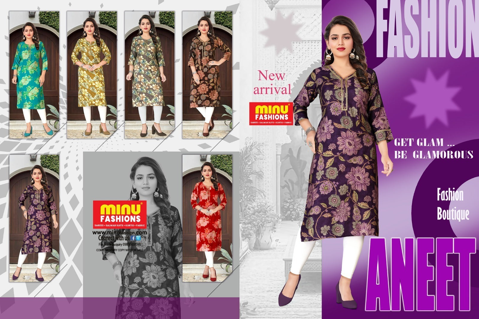Printed Vatican Silk Long Kurti Aneet - 6 Pcs Set