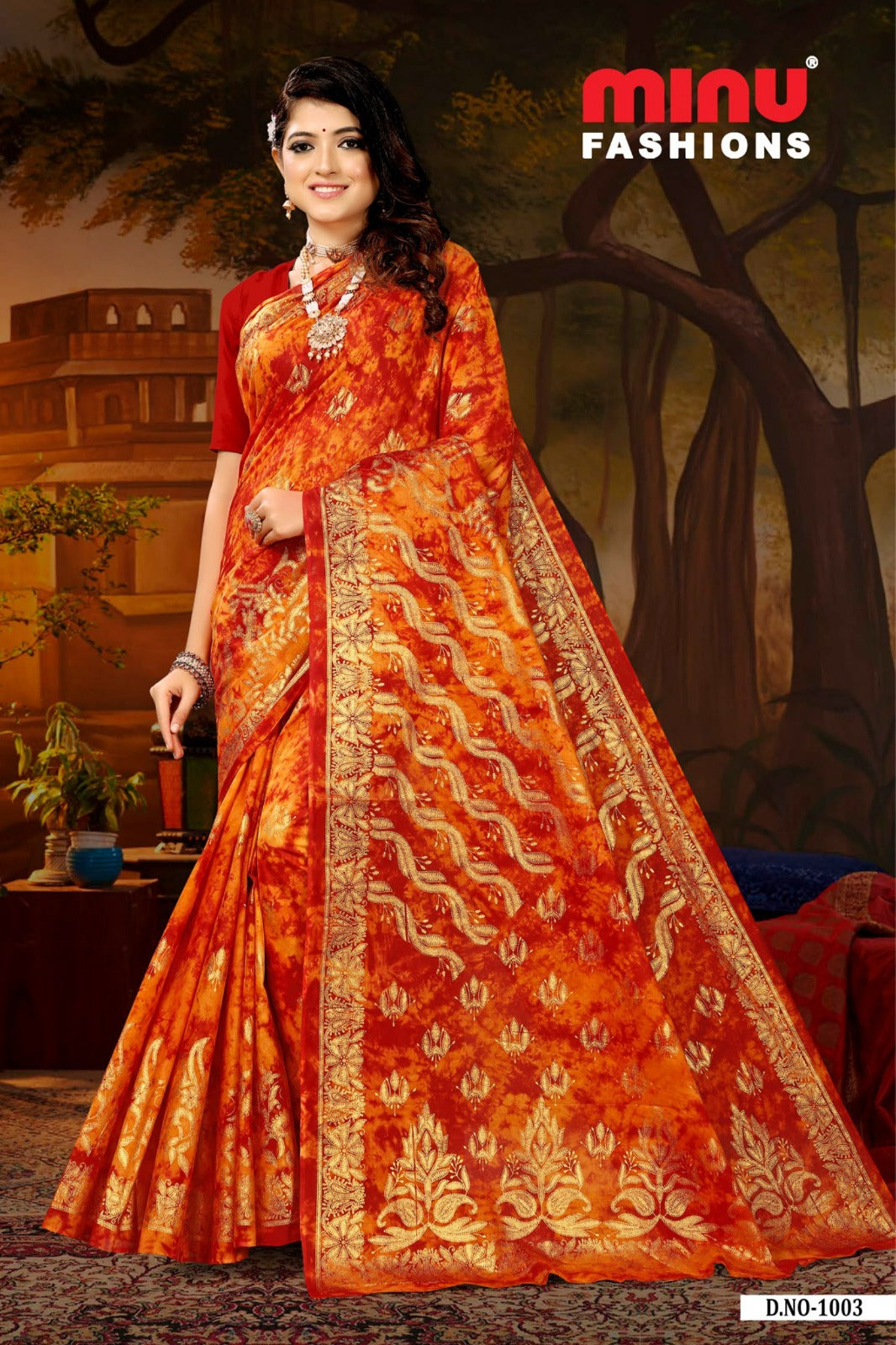 Printed Cotton Saree Fashion Kanjivaram - 8 Pcs Set