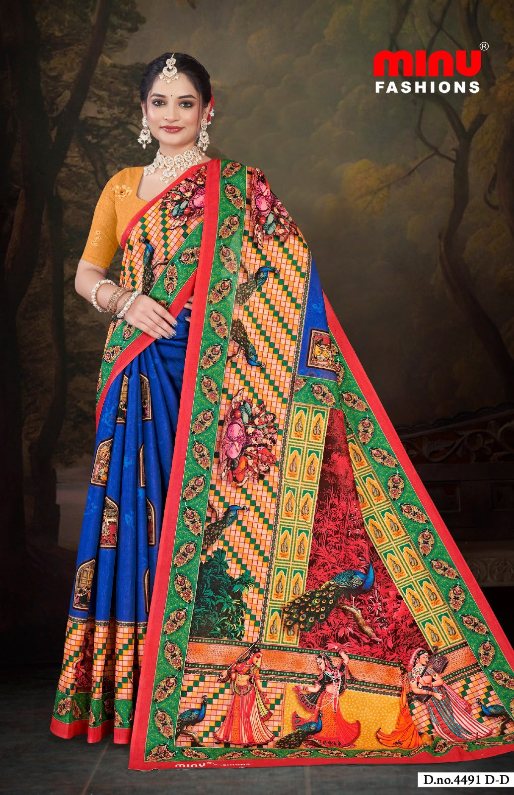 Printed Cotton Saree Jeevan Sathi Madhubani - 8 Pcs Set