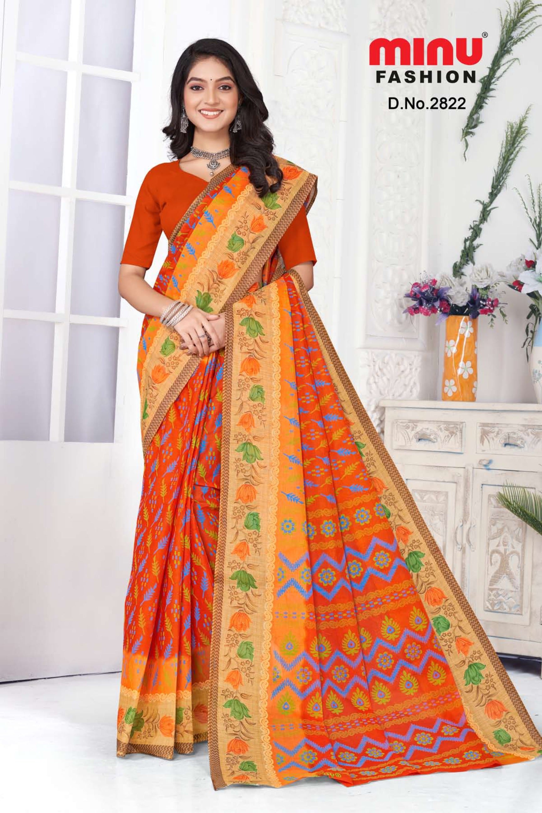 best color printed cotton saree with pure fabric work online 