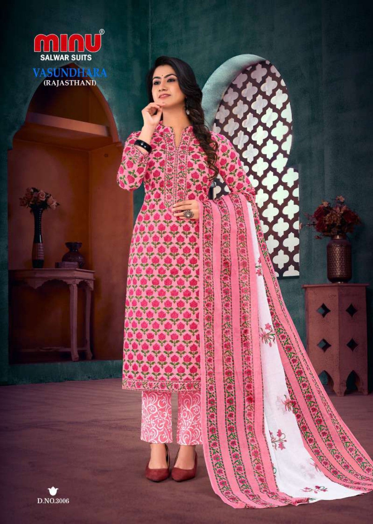 pink printed wholesale salwar suit wearing woman