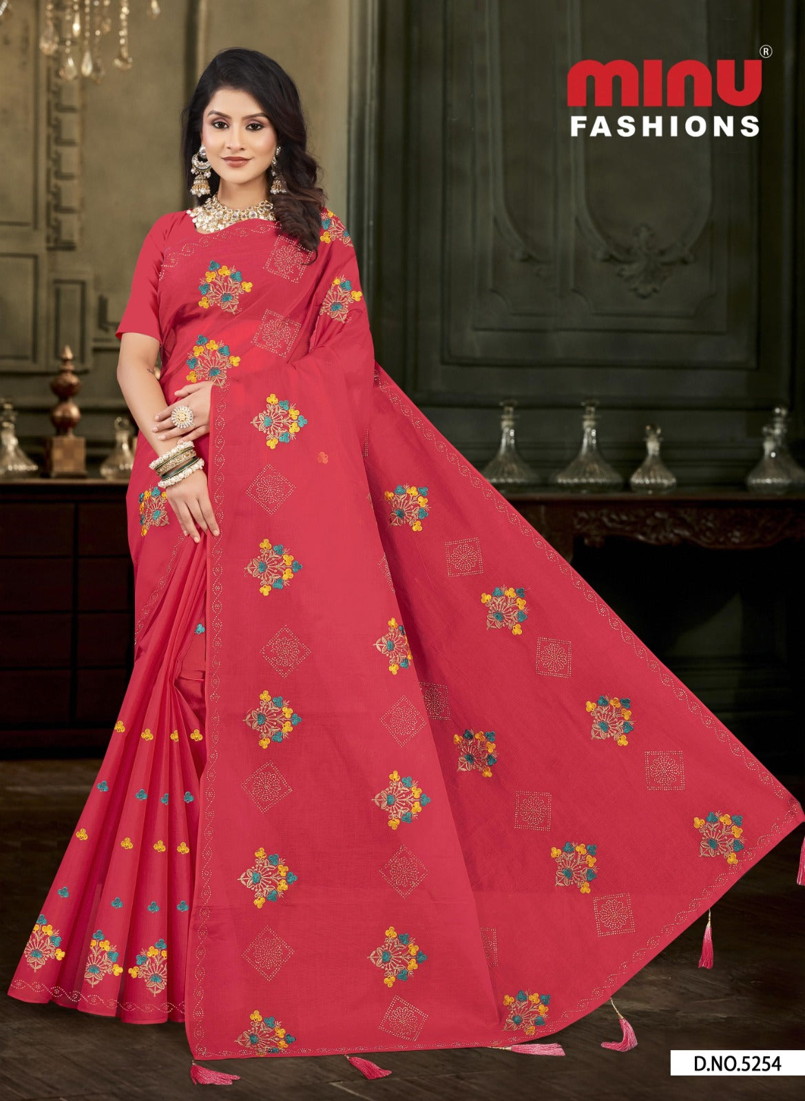 Embroidered Cotton Saree Diamond Rose (Special Rate) - 8 Pcs Set