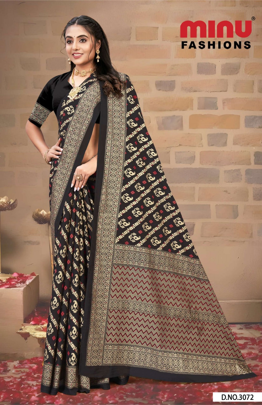 Malai Cotton Saree Gold Star Black - 8 Pcs Set