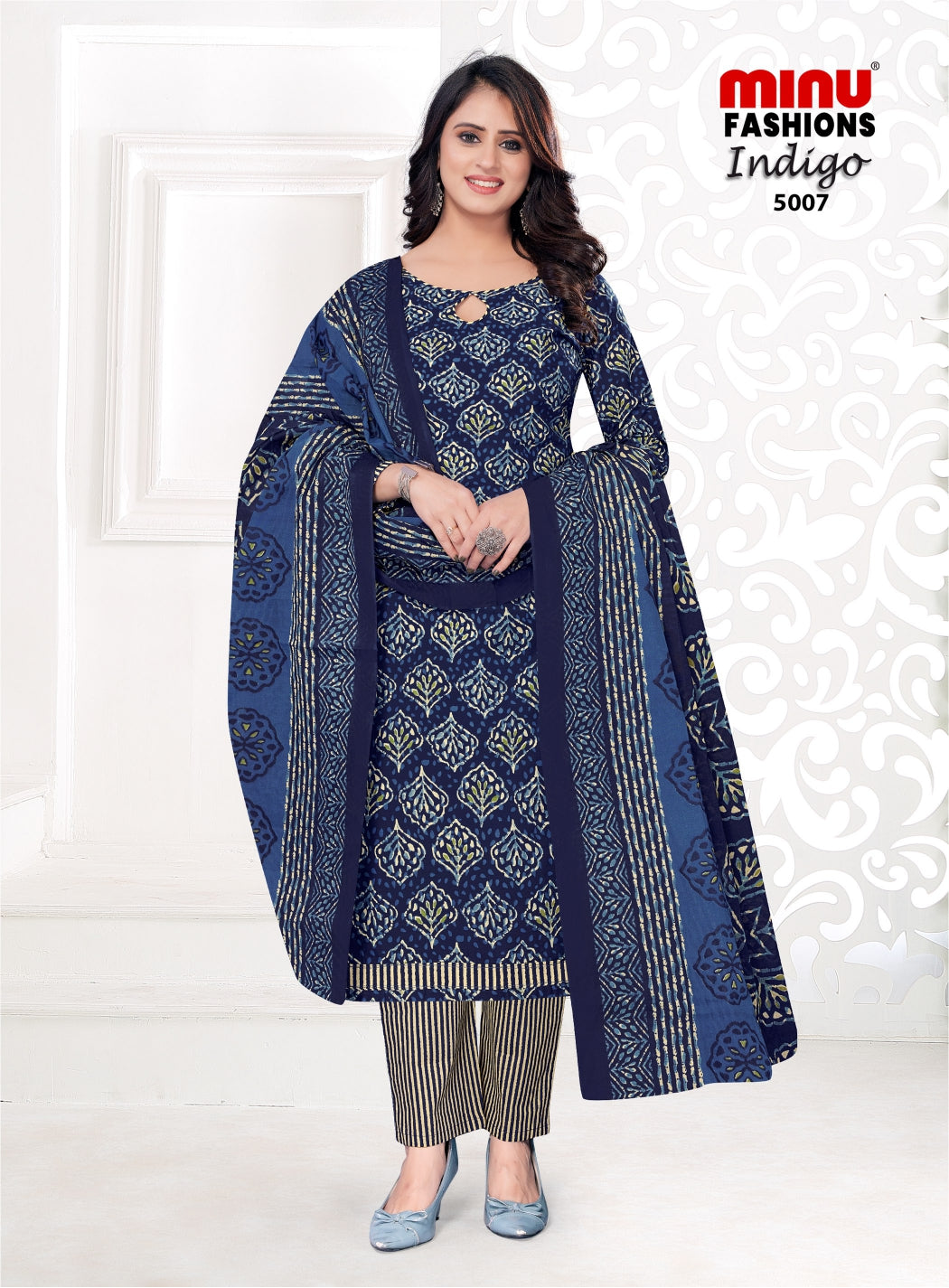 Printed Cotton Unstitched Salwar Suit Indigo Vol-5 (Special Rate) - 8 Pcs Set