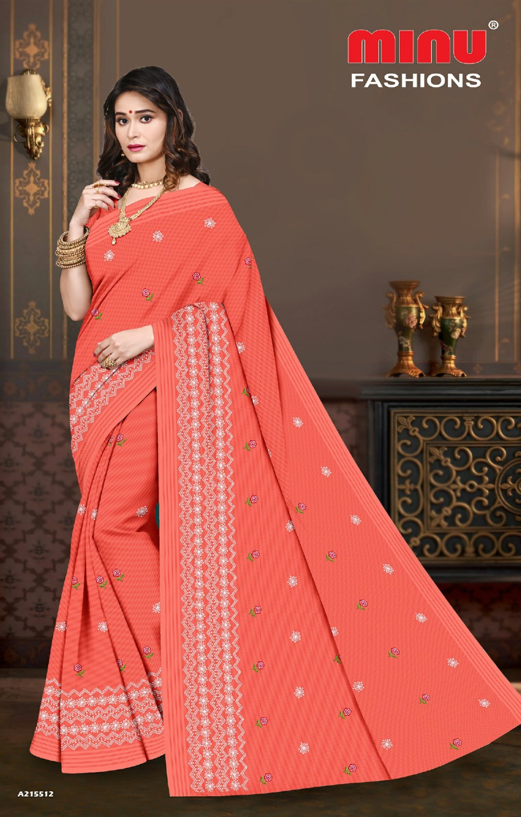 Embroidered Cotton Saree Minu Fashion (Special Rate) - 8 Pcs Set