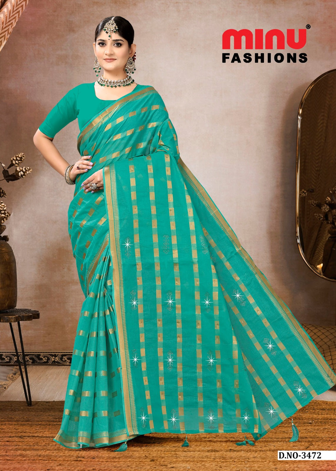 Embroidered Cotton Saree Smart Siroski (Special Rate) - 8 Pcs Set