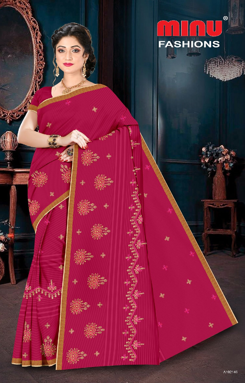 Embroidered Cotton Saree Soumya (Special Rate) - 8 Pcs Set