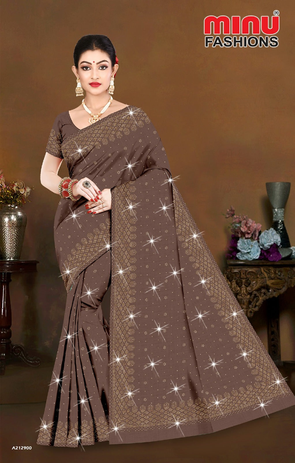 Embroidered Cotton Saree Crystal Saroski (Special Rate) - 8 Pcs Set