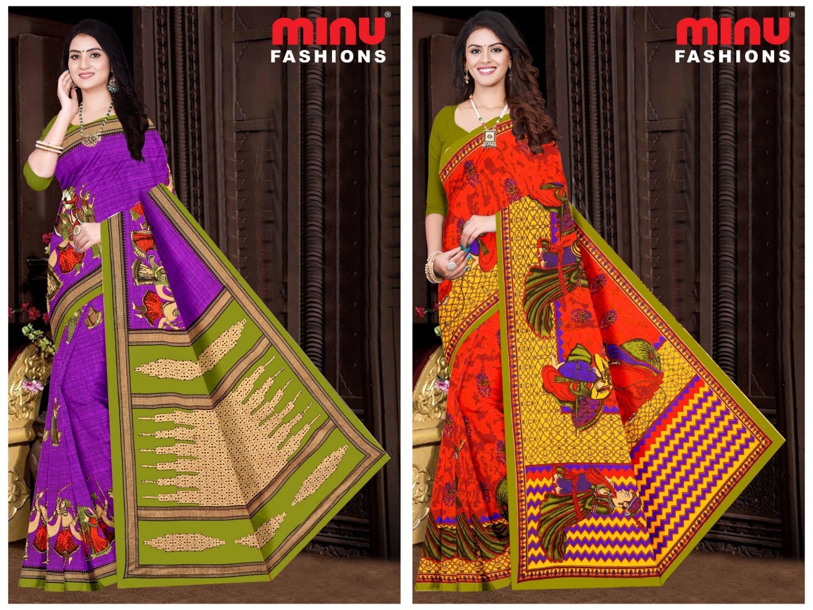 Printed Cotton Saree Heven Beauty Block - 10 Pcs Set