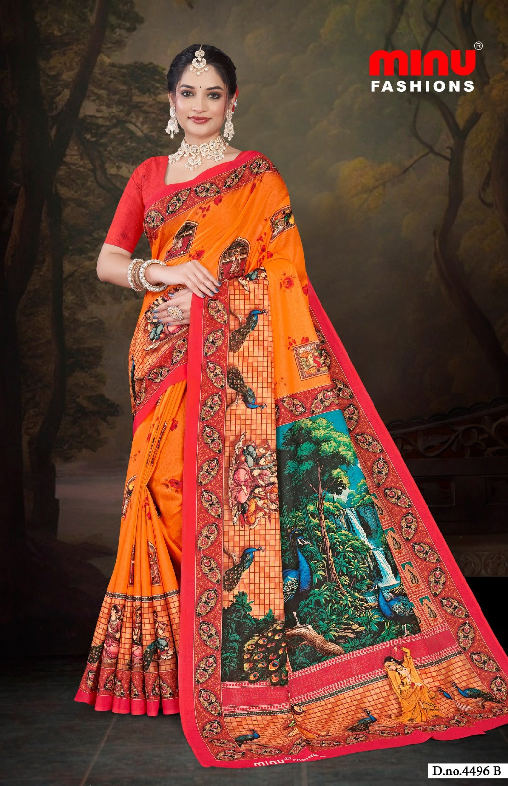 Printed Cotton Saree Jeevan Sathi Madhubani - 8 Pcs Set