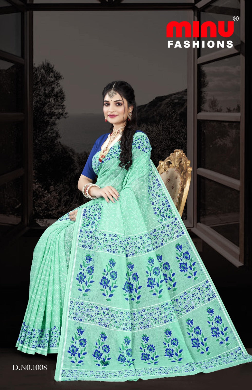 Printed Cotton Saree Pestal Beauty - 8 Pcs Set