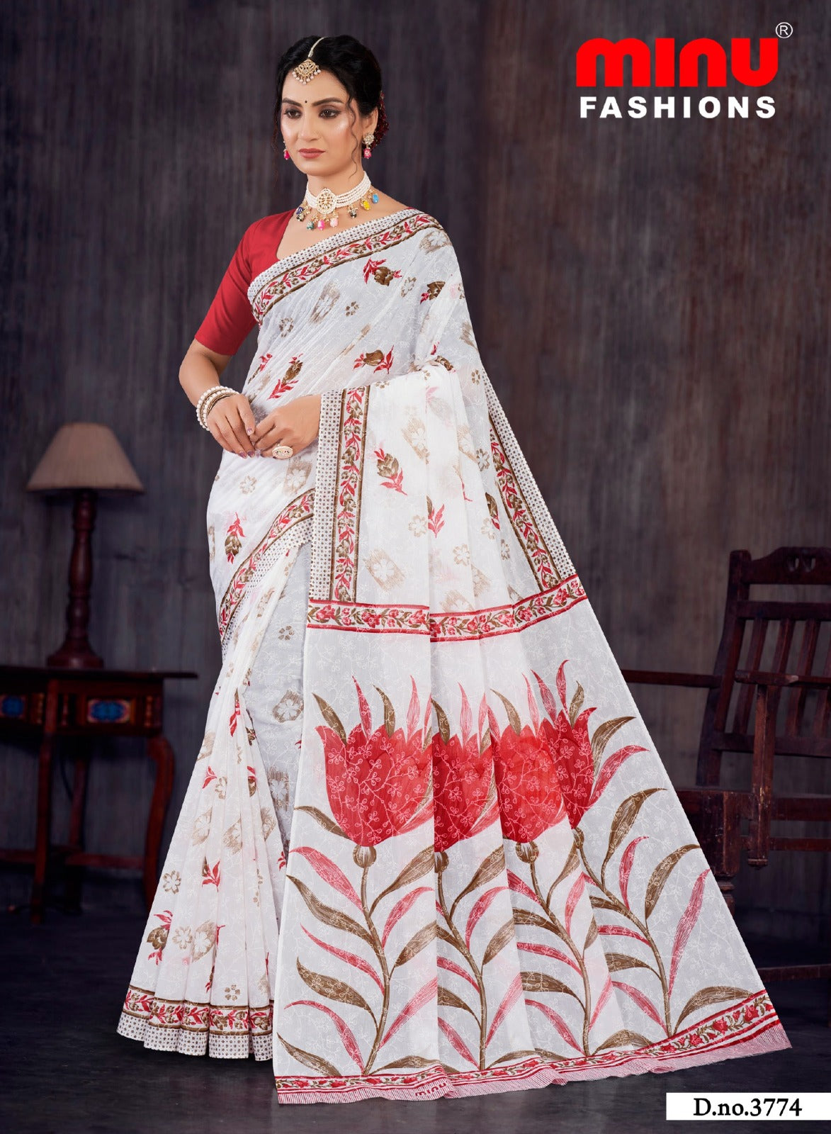 Printed Cotton Saree White Rose - 8 Pcs Set