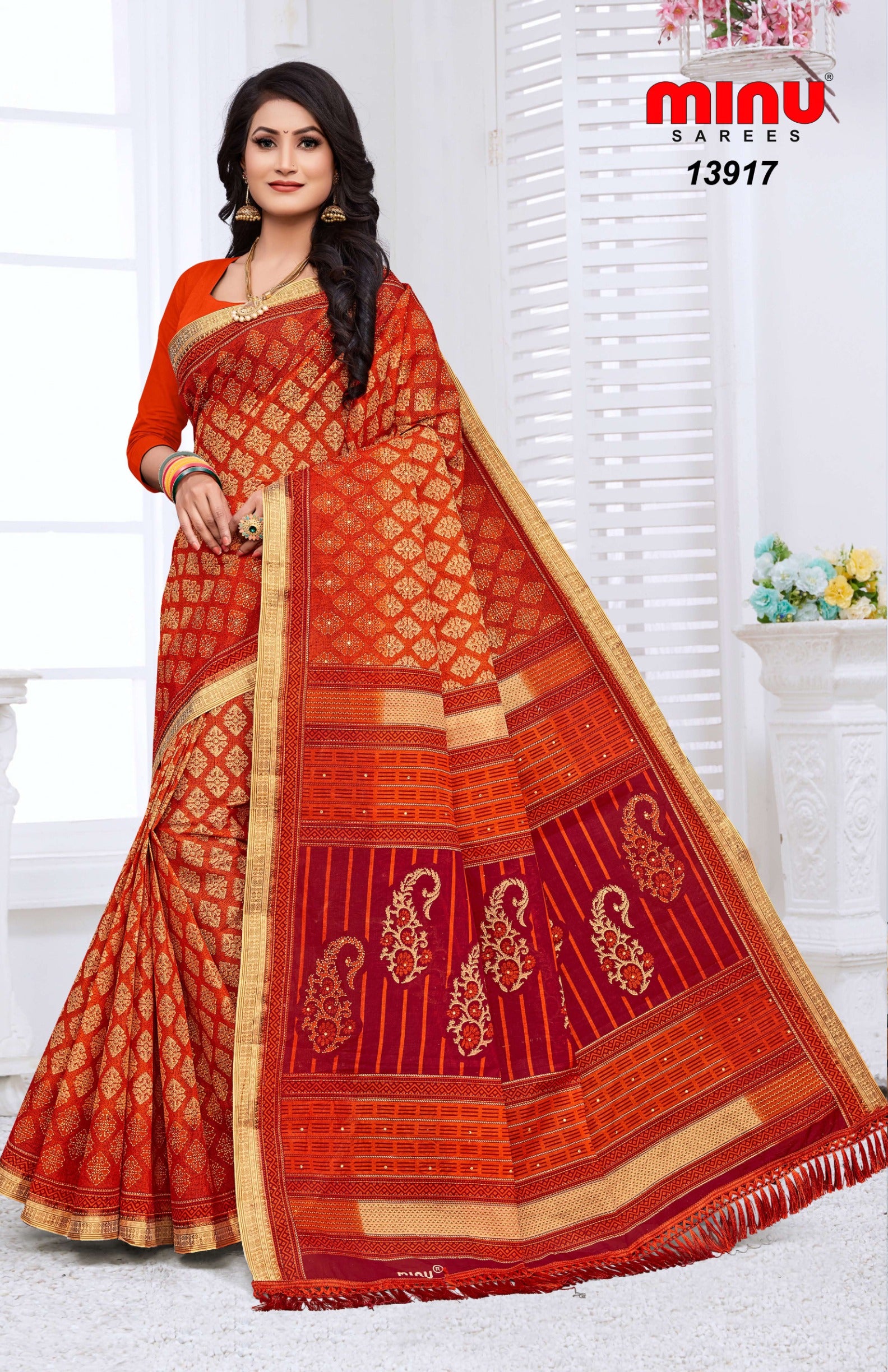red color printed cotton saree wholesale 
