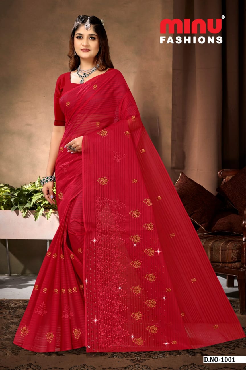 Embroidered Cotton Saree Devansha (Special Rate) - 8 Pcs Set
