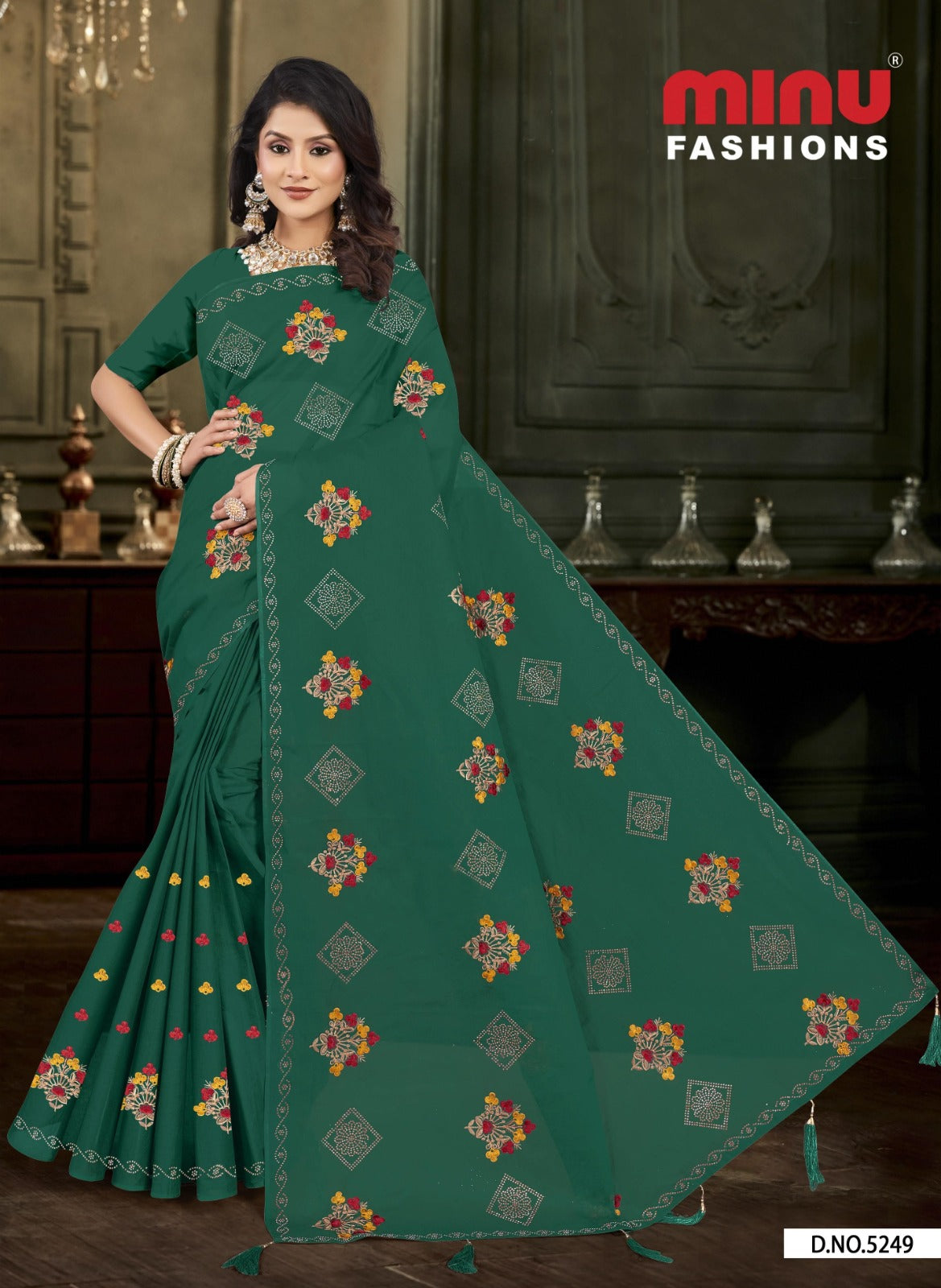 Embroidered Cotton Saree Diamond Rose (Special Rate) - 8 Pcs Set