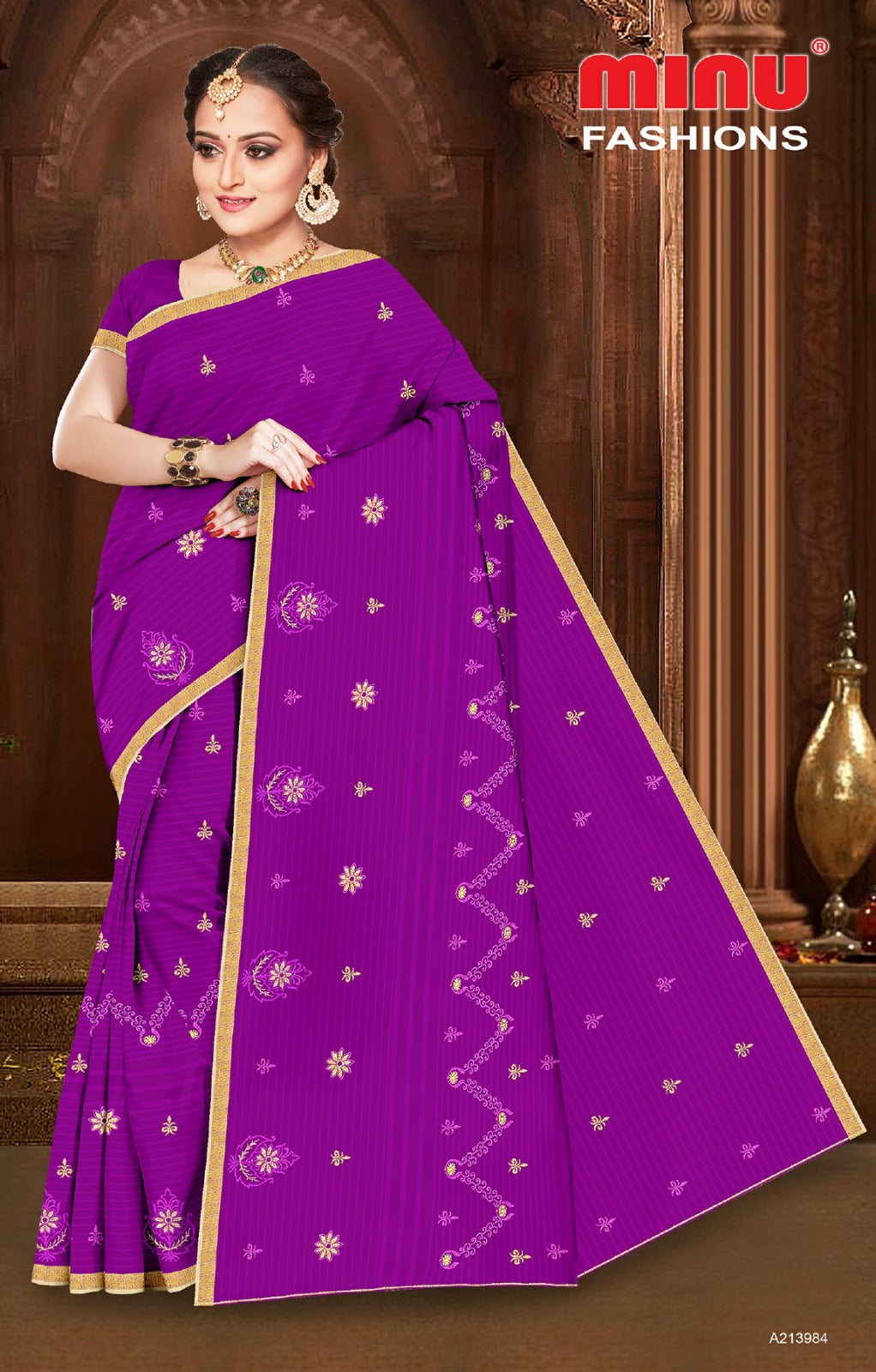 Embroidered Cotton Saree Elizabeth (Special Rate) - 8 Pcs Set