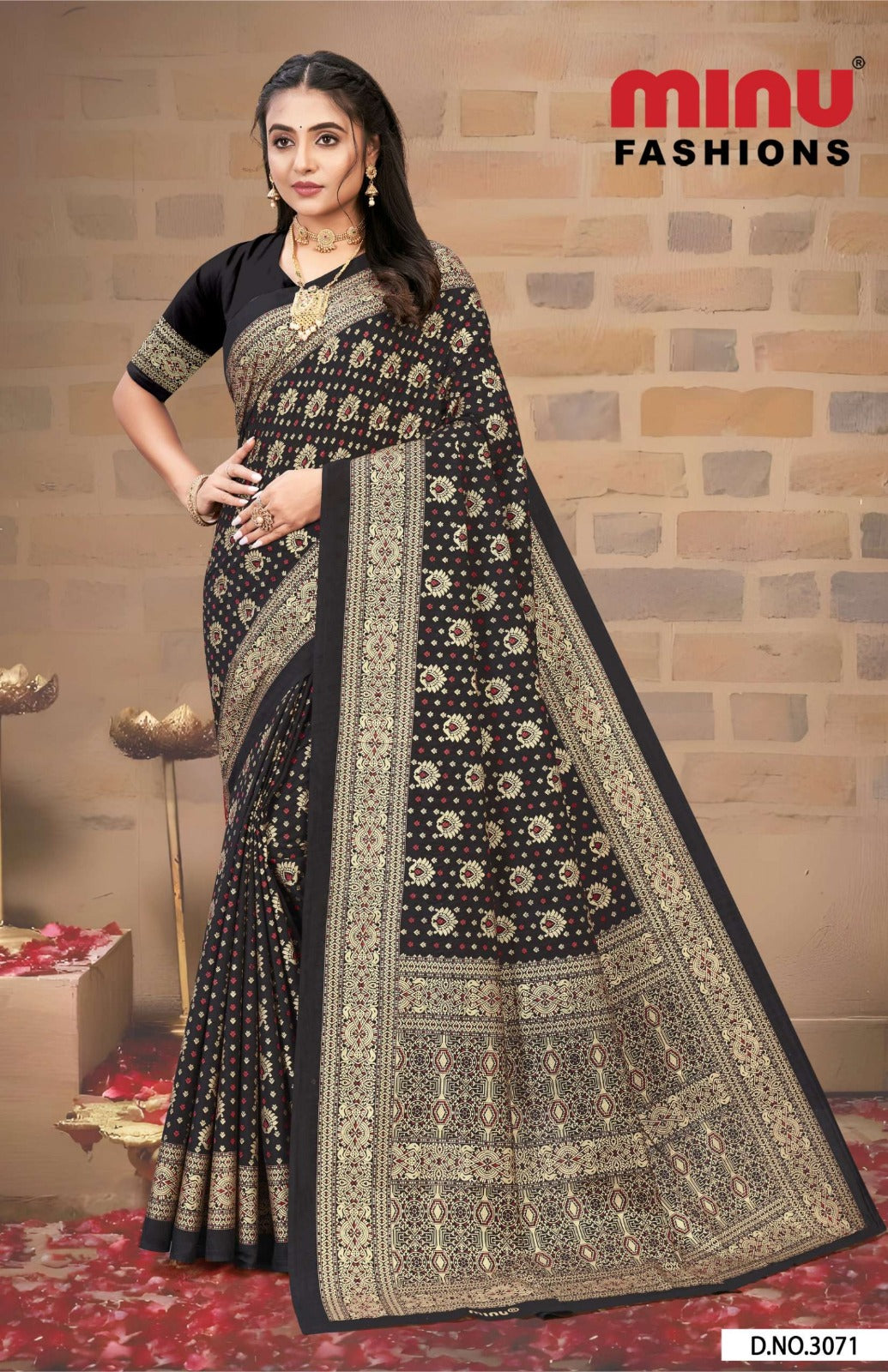 Malai Cotton Saree Gold Star Black - 8 Pcs Set