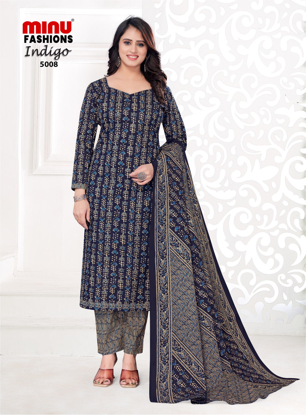 Printed Cotton Unstitched Salwar Suit Indigo Vol-5 (Special Rate) - 8 Pcs Set