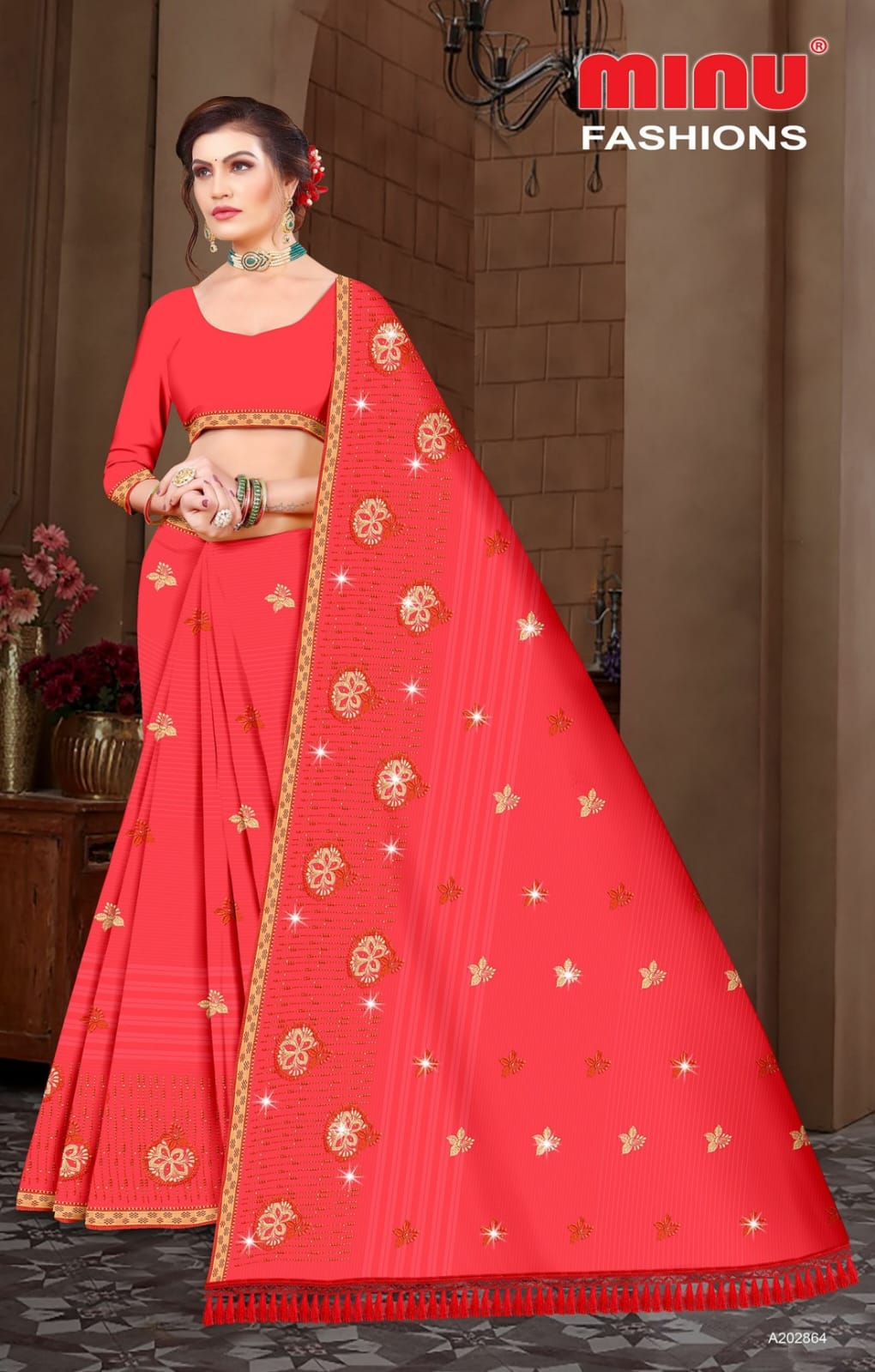 Embroidered Cotton Saree Malai Kofta Dlx (Special Rate) - 8 Pcs Set