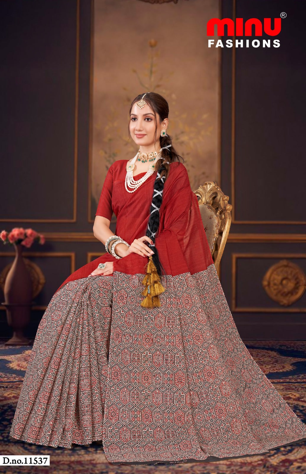 Malai Cotton Saree Raasa Ajrakh - 8 Pcs Set