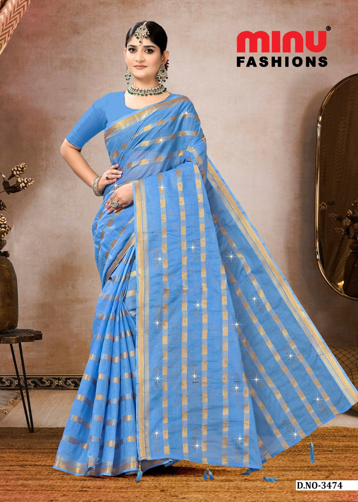 Embroidered Cotton Saree Smart Siroski (Special Rate) - 8 Pcs Set